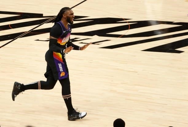 Jae Crowder of the Phoenix Suns celebrates a basket against the Milwaukee Bucks during the first half in Game Five of the NBA Finals at Footprint...
