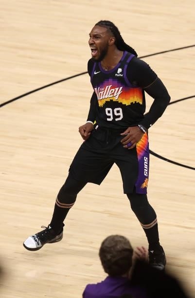 Jae Crowder of the Phoenix Suns celebrates against the Milwaukee Bucks during the first half in Game Five of the NBA Finals at Footprint Center on...