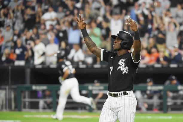 Tim Anderson of the Chicago White Sox reacts after teammate Jose Abreu hit a three-run home run in the sixth inning against the Houston Astros at...