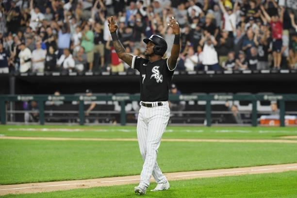 Tim Anderson of the Chicago White Sox reacts after teammate Jose Abreu hit a three-run home run in the sixth inning against the Houston Astros at...