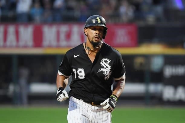 Jose Abreu of the Chicago White Sox rounds the bases after hitting a three-run home run in the sixth inning against the Houston Astros at Guaranteed...