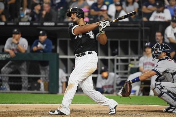 Jose Abreu of the Chicago White Sox hits a three-run home run in the sixth inning against the Houston Astros at Guaranteed Rate Field on July 17,...