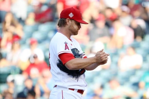 Alex Cobb of the Los Angeles Angels looks on from the mound during the first inning against the Seattle Mariners at Angel Stadium of Anaheim on July...