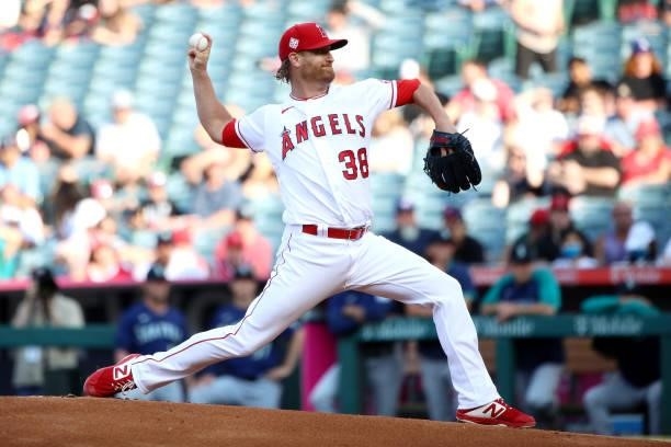 Alex Cobb of the Los Angeles Angels pitches during the first inning against the Seattle Mariners at Angel Stadium of Anaheim on July 17, 2021 in...