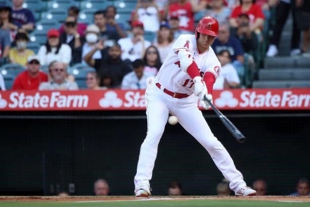 Shohei Ohtani of the Los Angeles Angels at bat during the first inning against the Seattle Mariners at Angel Stadium of Anaheim on July 17, 2021 in...