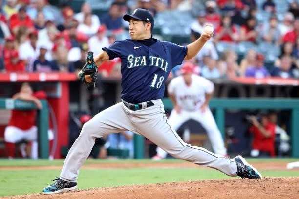 Yusei Kikuchi of the Seattle Mariners pitches during the second inning against the Los Angeles Angels at Angel Stadium of Anaheim on July 17, 2021 in...