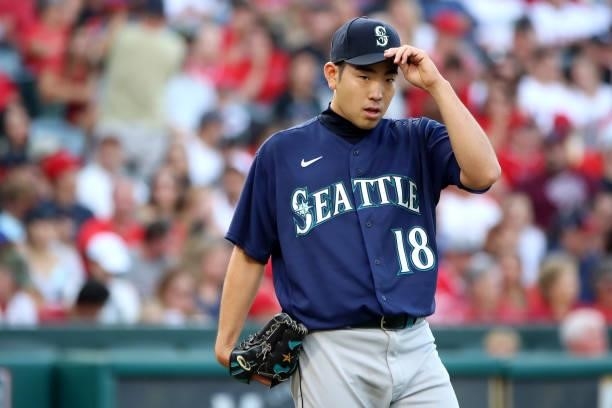 Yusei Kikuchi of the Seattle Mariners looks on from the mound during the second inning against the Los Angeles Angels at Angel Stadium of Anaheim on...