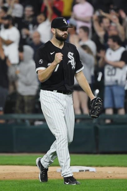 Lucas Giolito of the Chicago White Sox reacts after getting the win against the Houston Astros at Guaranteed Rate Field on July 17, 2021 in Chicago,...