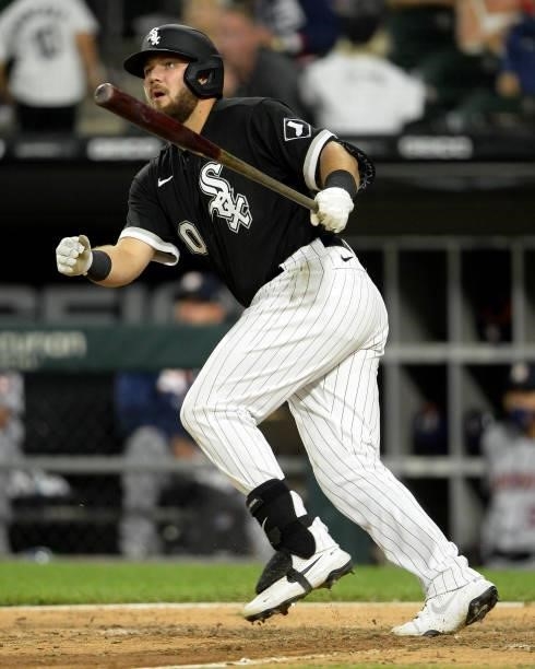 Jake Burger of the Chicago White Sox hits his first Major League home run in the seventh inning against Austin Pruitt of the Houston Astros on July...