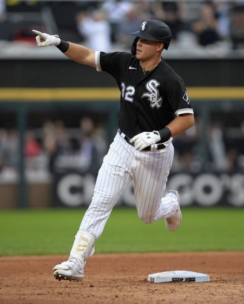 Gavin Sheets of the Chicago White Sox celebrates while running the bases after hitting a home run in the fifth inning against the Houston Astros on...