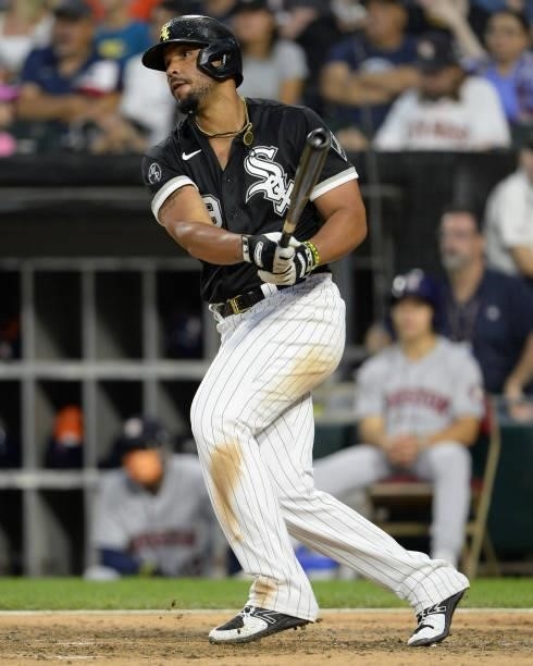 Jose Abreu of the Chicago White Sox hits a three-run home run in the sixth inning against the Houston Astros on July 17, 2021 at Guaranteed Rate...