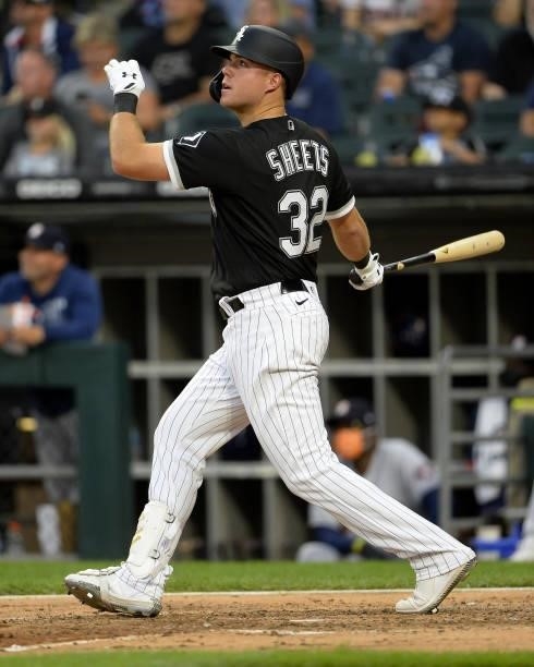 Gavin Sheets of the Chicago White Sox hits a home run in the fifth inning against the Houston Astros on July 17, 2021 at Guaranteed Rate Field in...