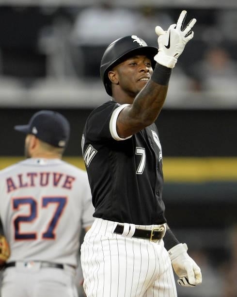Tm Anderson of the Chicago White Sox reacts after hitting a double in the sixth inning against the Houston Astros on July 17, 2021 at Guaranteed Rate...