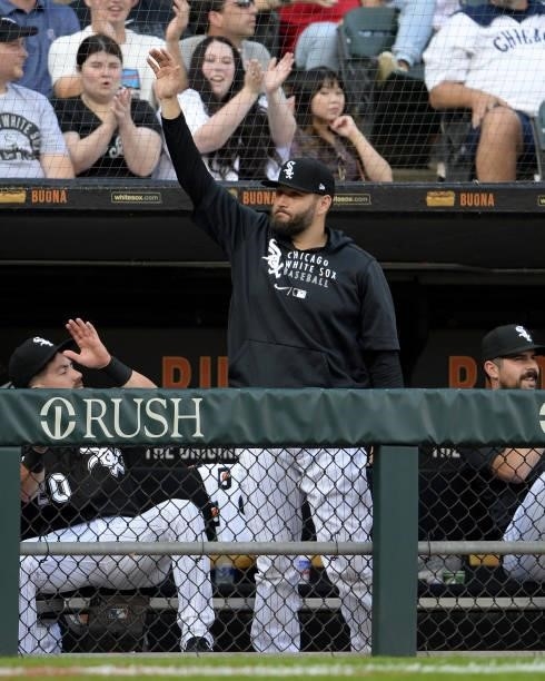 Lance Lynn of the Chicago White Sox after it was announced that the White Sox extended his contract during the game against the Houston Astros on...