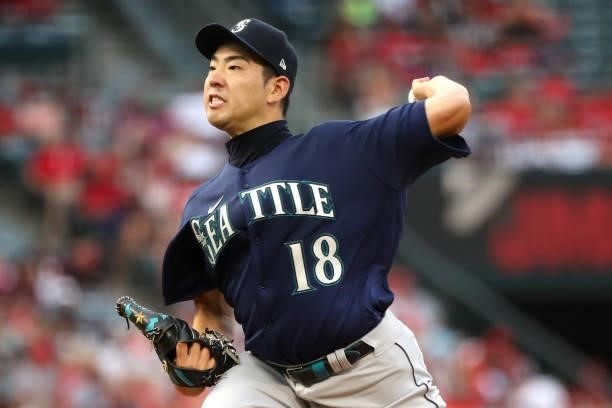 Yusei Kikuchi of the Seattle Mariners pitches during the fourth inning against the Los Angeles Angels at Angel Stadium of Anaheim on July 17, 2021 in...