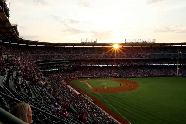 General view of the field from the stands during the fifth inning of the game between the Los Angeles Angels and the Seattle Mariners at Angel...