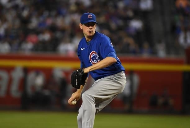 Kyle Hendricks of the Chicago Cubs delivers a pitch against the Arizona Diamondbacks at Chase Field on July 16, 2021 in Phoenix, Arizona.