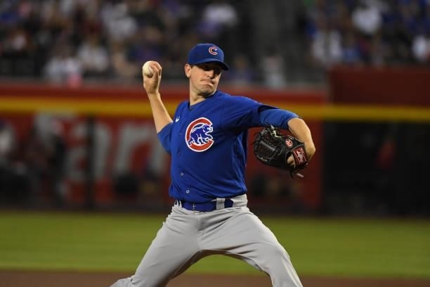 Kyle Hendricks of the Chicago Cubs delivers a pitch against the Arizona Diamondbacks at Chase Field on July 16, 2021 in Phoenix, Arizona.