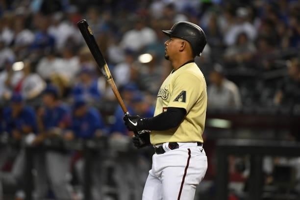 Eduardo Escobar of the Arizona Diamondbacks gets ready in the batters box against the Chicago Cubs at Chase Field on July 16, 2021 in Phoenix,...