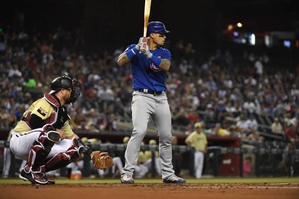 Javier Baez of the Chicago Cubs gets ready in the batters box against the Arizona Diamondbacks at Chase Field on July 16, 2021 in Phoenix, Arizona.
