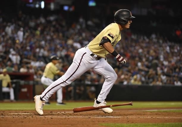 Josh Rojas of the Arizona Diamondbacks runs out of the batters box to first base against the Chicago Cubs at Chase Field on July 16, 2021 in Phoenix,...