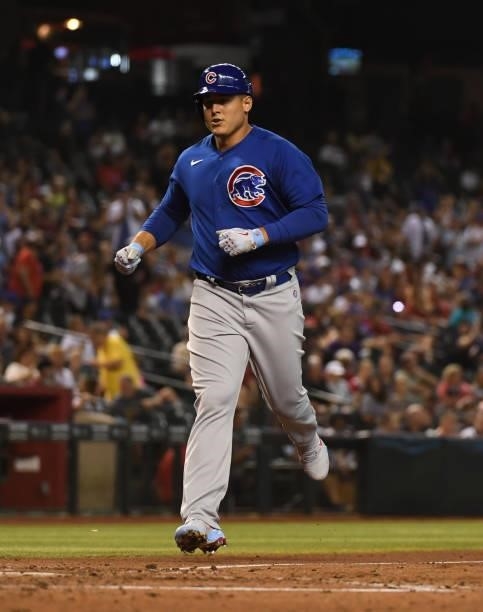 Anthony Rizzo of the Chicago Cubs gets rounds the bases after hitting a home run against the Arizona Diamondbacks at Chase Field on July 16, 2021 in...