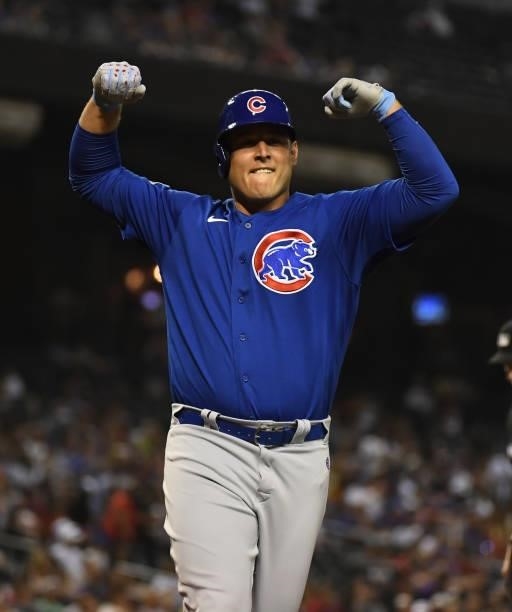 Anthony Rizzo of the Chicago Cubs celebrates after hitting a solo home run off of Madison Bumgarner of the Arizona Diamondbacks during the fourth...