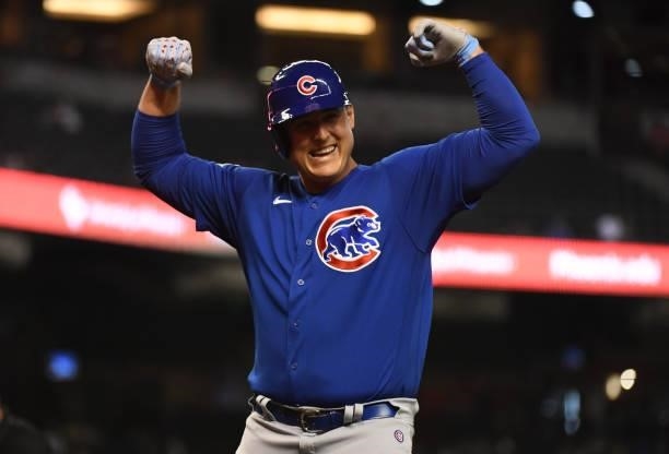 Anthony Rizzo of the Chicago Cubs celebrates after hitting a solo home run off of Madison Bumgarner of the Arizona Diamondbacks during the fourth...