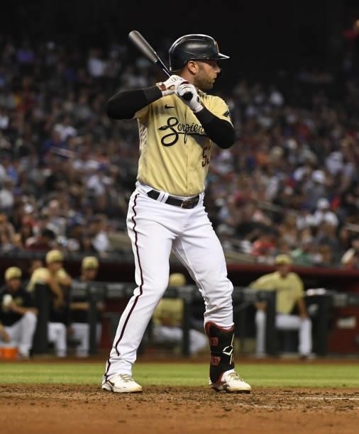 Christian Walker of the Arizona Diamondbacks gets ready in the batters box against the Chicago Cubs at Chase Field on July 16, 2021 in Phoenix,...