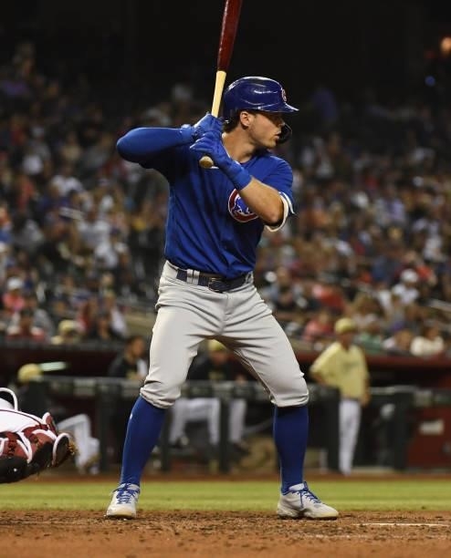 Nico Hoerner of the Chicago Cubs gets ready in the batters box against the Arizona Diamondbacks at Chase Field on July 16, 2021 in Phoenix, Arizona.