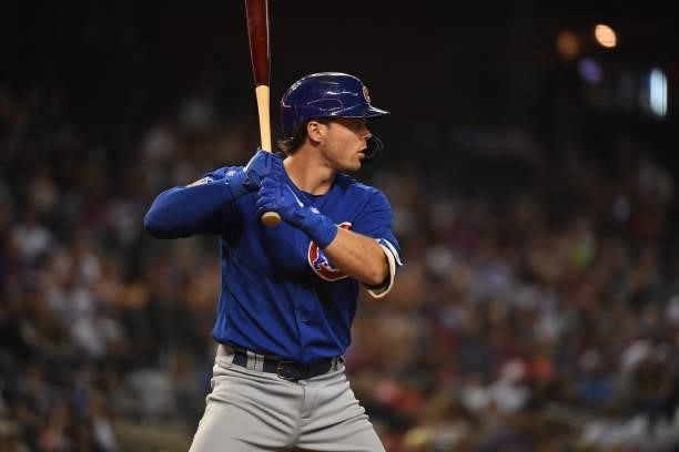 Nico Hoerner of the Chicago Cubs gets ready in the batters box against the Arizona Diamondbacks at Chase Field on July 16, 2021 in Phoenix, Arizona.