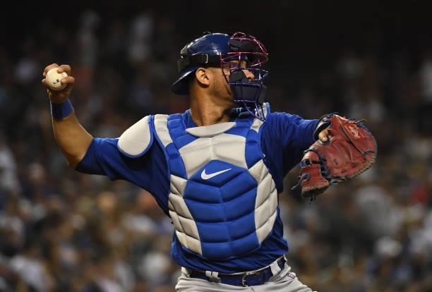 Wilson Contreras of the Chicago Cubs throws the ball to second base against the Arizona Diamondbacks at Chase Field on July 16, 2021 in Phoenix,...