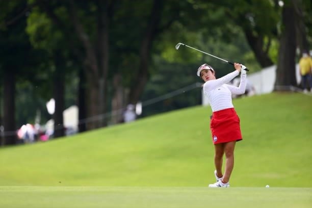 Nanoko Hayashi of Japan hits her second shot on the 10th hole during third round of the GMO Internet Ladies Samantha Thavasa Global Cup at Eagle...