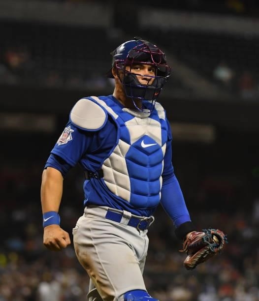 Wilson Contreras of the Chicago Cubs walks back to the dugout against the Arizona Diamondbacks at Chase Field on July 16, 2021 in Phoenix, Arizona.