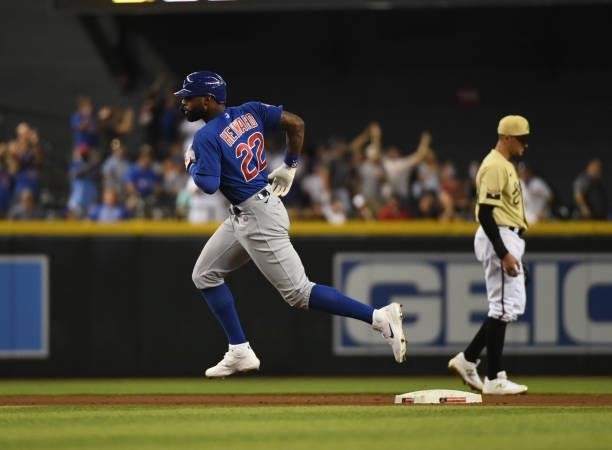 Jason Heyward of the Chicago Cubs rounds the bases after hitting a two run home run off of Matt Peacock of the Arizona Diamondbacks during the...