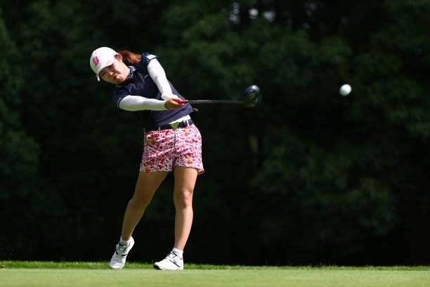 Ayaka Furue of Japan hits her tee shot on the 2nd hole during third round of the GMO Internet Ladies Samantha Thavasa Global Cup at Eagle Point Golf...