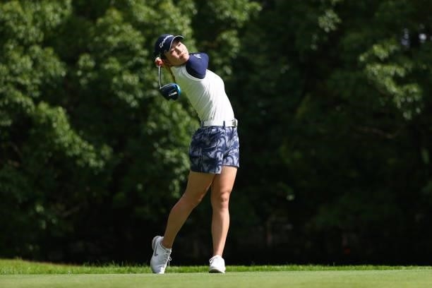 Akira Yamaji of Japan hits her tee shot on the 2nd hole during third round of the GMO Internet Ladies Samantha Thavasa Global Cup at Eagle Point Golf...
