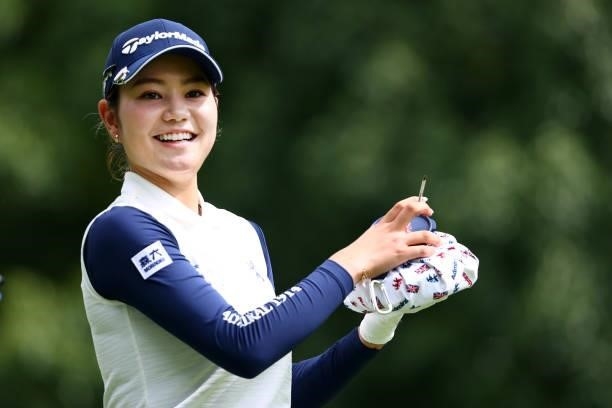 Akira Yamaji of Japan smiles on the 2nd hole during third round of the GMO Internet Ladies Samantha Thavasa Global Cup at Eagle Point Golf Club on...