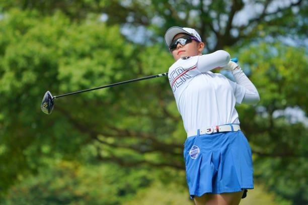 Yuri Yoshida of Japan hits her tee shot on the 3rd hole during third round of the GMO Internet Ladies Samantha Thavasa Global Cup at Eagle Point Golf...