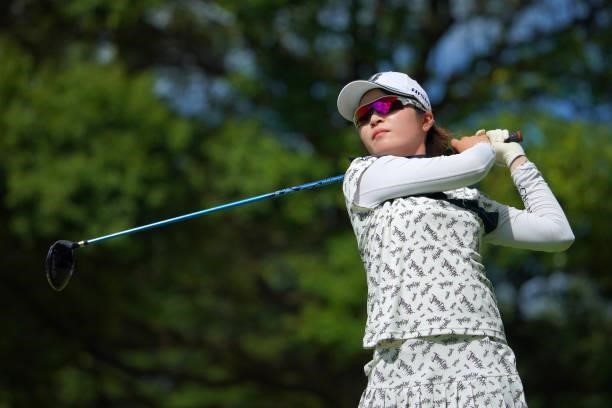 Kana Mikashima of Japan hits her tee shot on the 3rd hole during third round of the GMO Internet Ladies Samantha Thavasa Global Cup at Eagle Point...