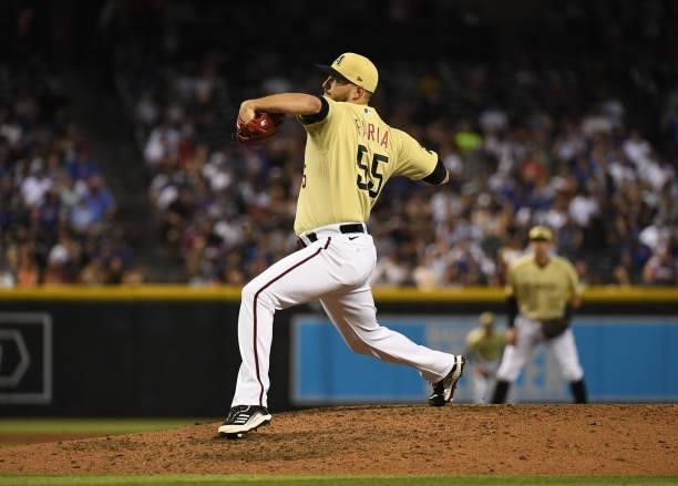 Jake Faria of the Arizona Diamondbacks delivers a pitch against the Chicago Cubs at Chase Field on July 16, 2021 in Phoenix, Arizona.