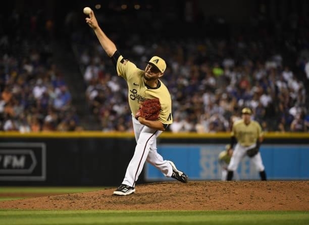 Jake Faria of the Arizona Diamondbacks delivers a pitch against the Chicago Cubs at Chase Field on July 16, 2021 in Phoenix, Arizona.