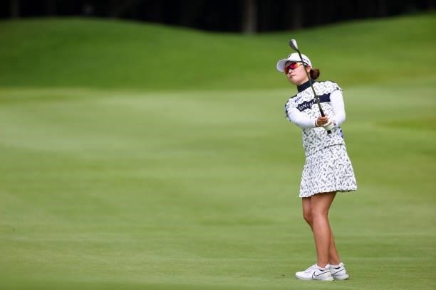 Kana Mikashima of Japan hits her third shot on the 3rd hole during third round of the GMO Internet Ladies Samantha Thavasa Global Cup at Eagle Point...