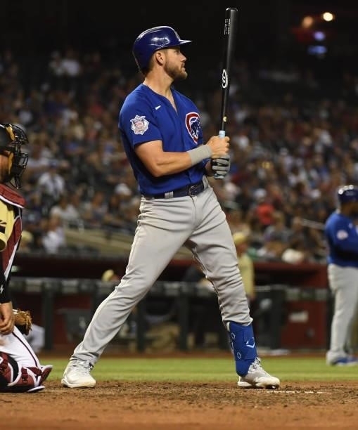 Patrick Wisdom of the Chicago Cubs gets ready in the batters box against the Arizona Diamondbacks at Chase Field on July 16, 2021 in Phoenix, Arizona.