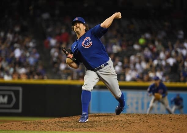 Andrew Chafin of the Chicago Cubs delivers a pitch against the Arizona Diamondbacks at Chase Field on July 16, 2021 in Phoenix, Arizona.