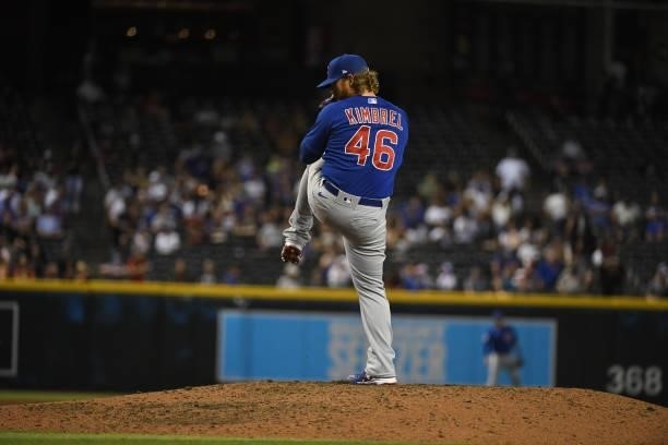 Craig Kimbrel of the Chicago Cubs delivers a ninth inning pitch against the Arizona Diamondbacks at Chase Field on July 16, 2021 in Phoenix, Arizona....