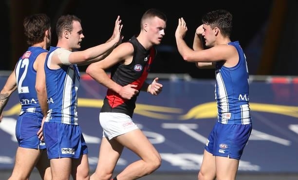 Jack Mahony of the Kangaroos celebrates a goal during the round 18 AFL match between North Melbourne Kangaroos and Essendon Bombers at Metricon...