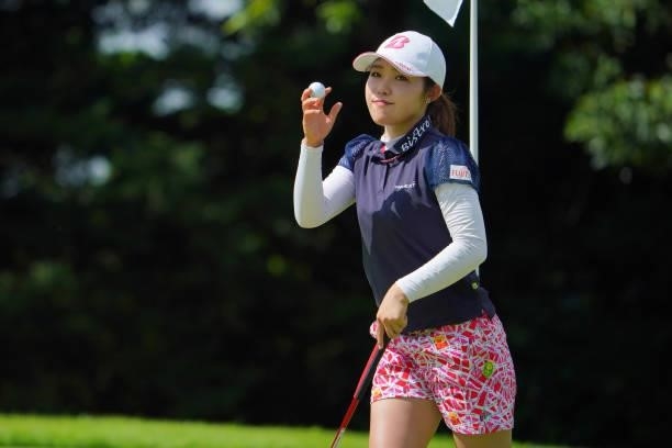 Ayaka Furue of Japan acknowledges fans on the 3rd green during third round of the GMO Internet Ladies Samantha Thavasa Global Cup at Eagle Point Golf...