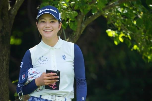 Akira Yamaji of Japan smiles on the 4th tee during third round of the GMO Internet Ladies Samantha Thavasa Global Cup at Eagle Point Golf Club on...
