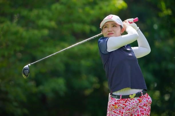 Ayaka Furue of Japan hits her tee shot on the 4th hole during third round of the GMO Internet Ladies Samantha Thavasa Global Cup at Eagle Point Golf...